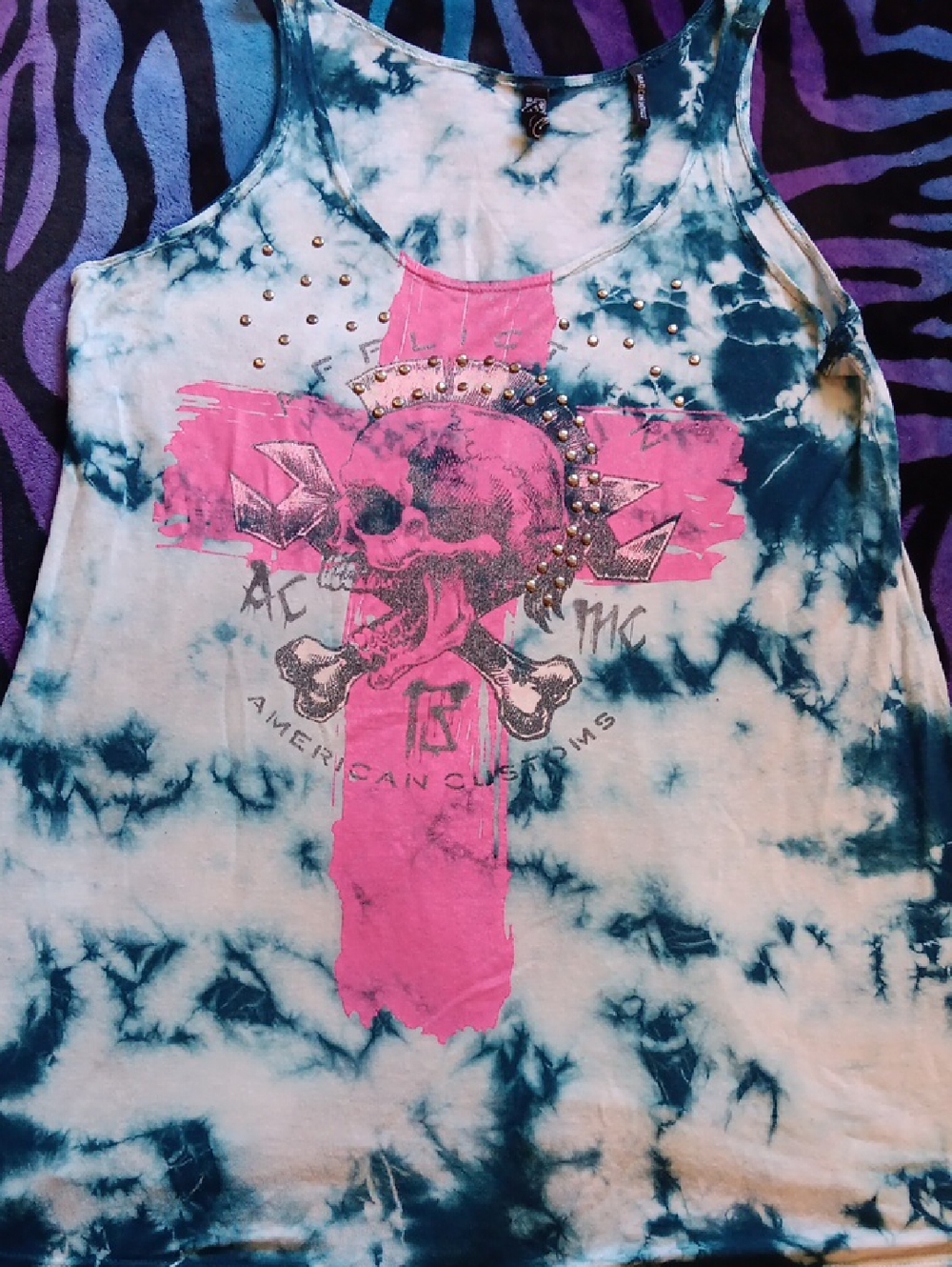 Affliction Tie-Dye Skull Cross Tank with Stud Accents